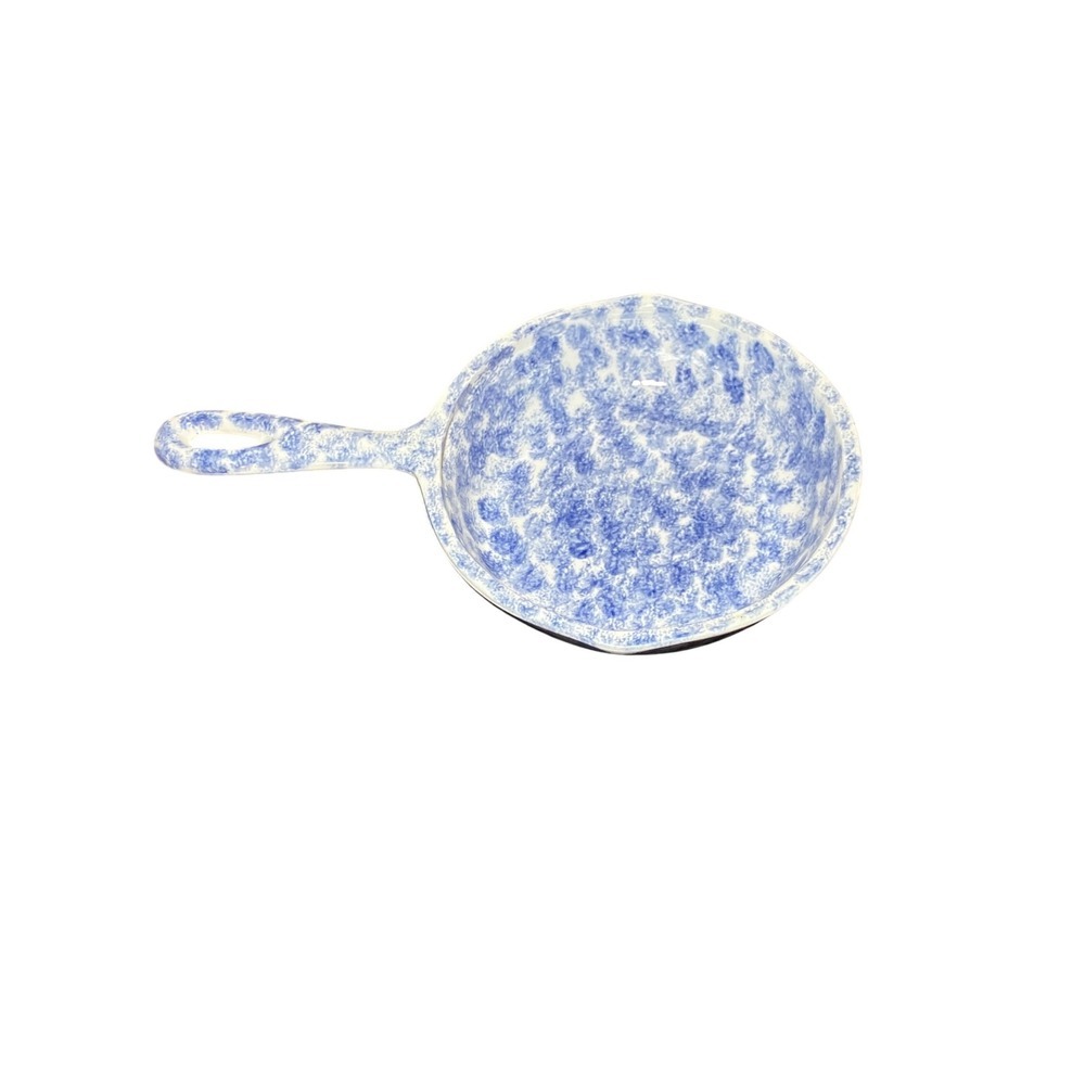 Ceramic Spongeware Skillet Dish Blue White Heart Farmhouse Decor Cottagecore